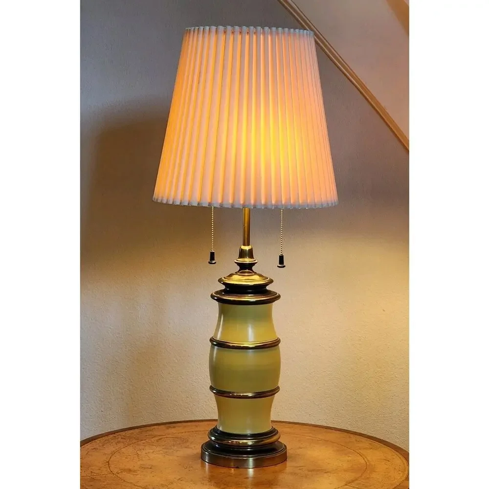 Mid Century STIFFEL Yellow Enamel / Brass DBL Socket Table Lamp 35.5